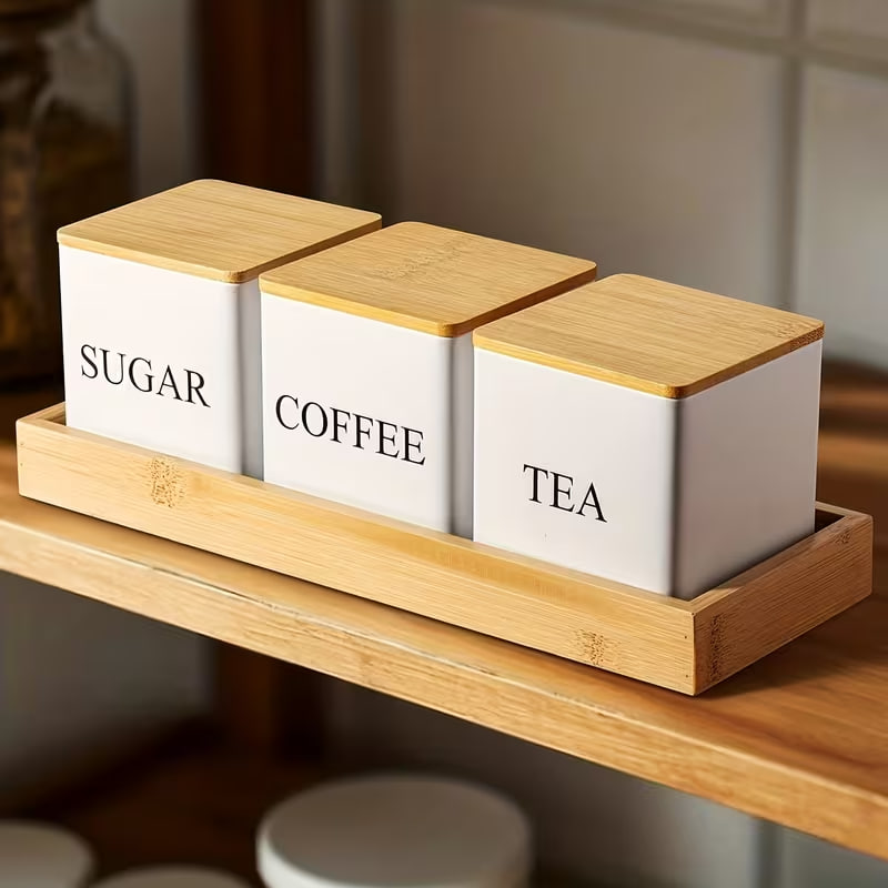 Набір банок для зберігання «Sugar/Coffee/Tea» з бамбуковими кришками та підставкою