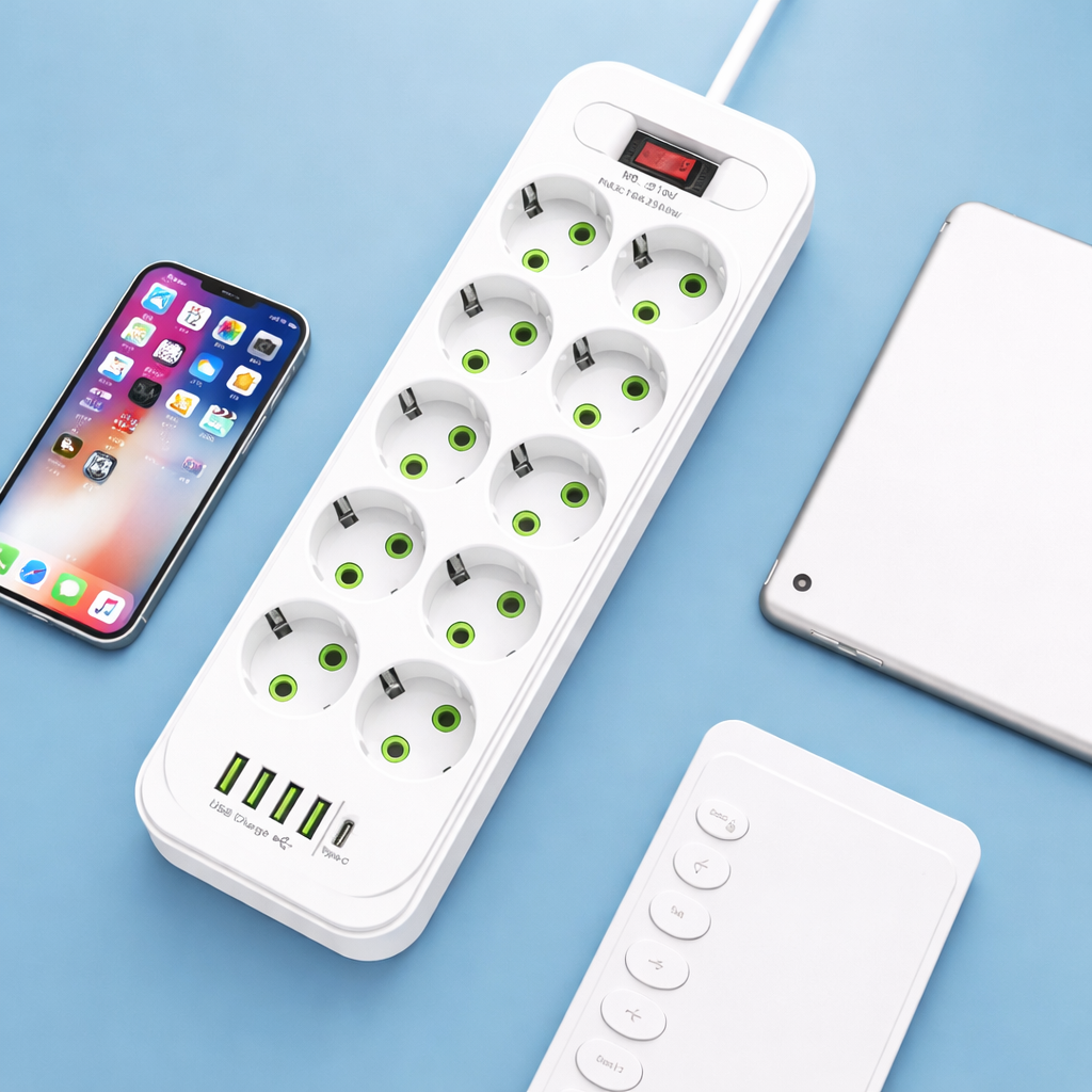 Подовжувач D10 10×220В+ 4×USB+ 1×Type-C 2500W 5 метрів