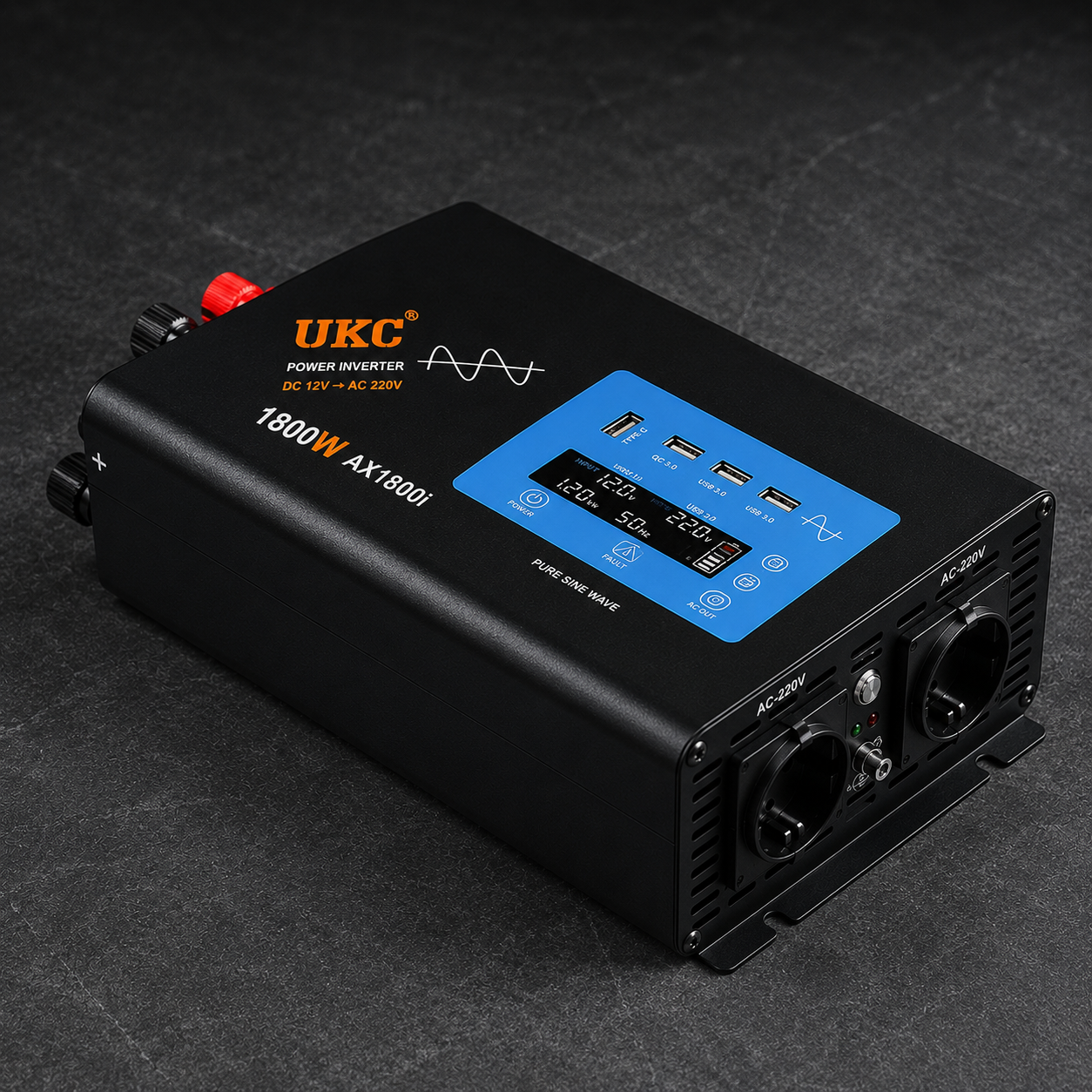 Перетворювач AC/DC 1800W AX Sine з чистим синусом / Інвертор з дисплеєм та виходами: 3 x USB, 1 x Type-C / Перетворювач напруги