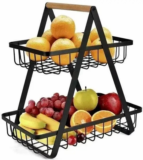 Настільний двоярусний кошик - фруктівниця з дерев9;яною ручкою Double Fruit Basket · Розбірний металевий кошик для фруктів