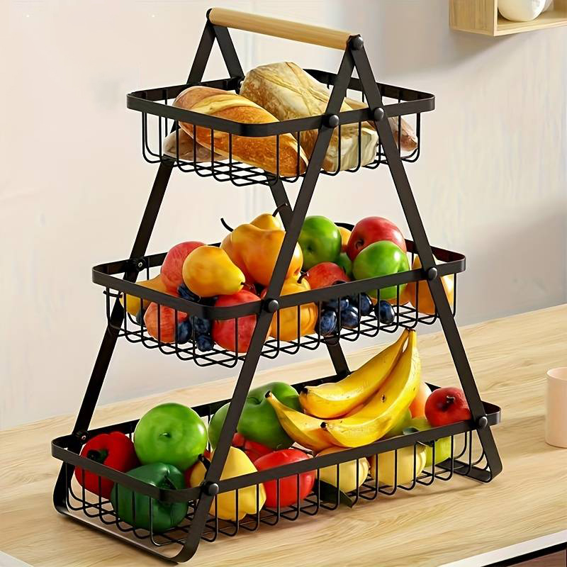 Настільний триярусний кошик - фруктівниця з дерев9;яною ручкою Triple Fruit Basket · Розбірний металевий кошик для фруктів