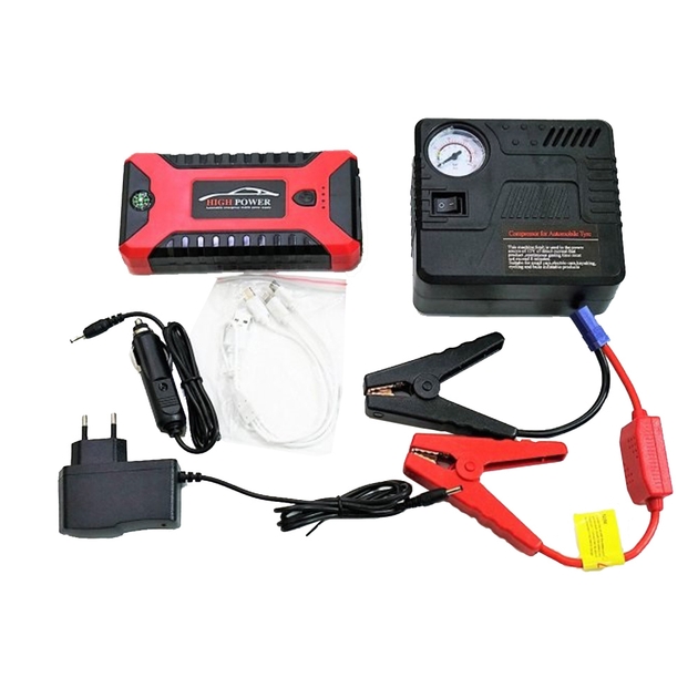Пускозарядний пристрій червоний JUMP STARTER JX27 WITH PUMP 99800 мАг • Автомобільний стартовий блок з компресором та зарядкою