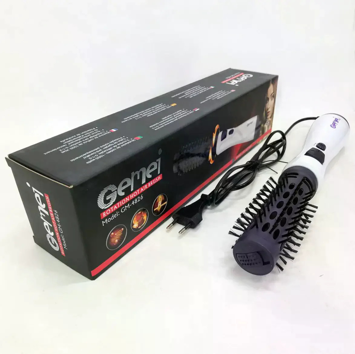 Фен-щітка для волосся GEMEI GM-4826 1000W • Обертовий фен-браш для сушіння, укладання, об’єму та створення природної хвилі