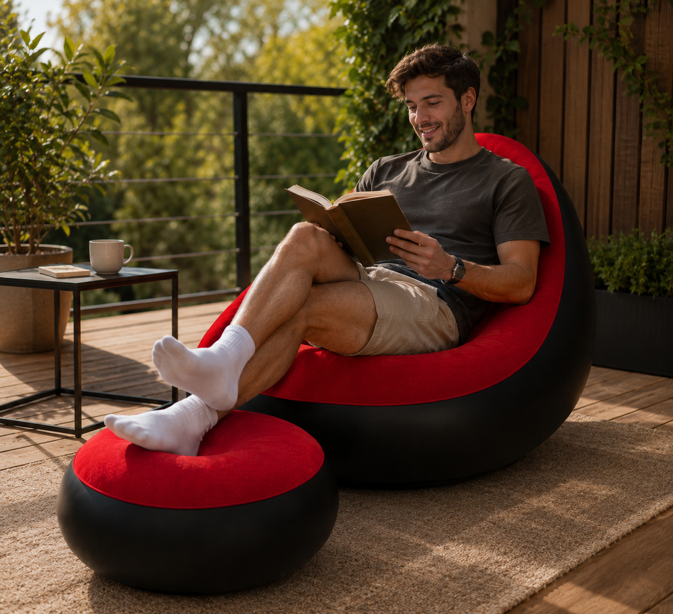 Надувний диван з пуфом Air Sofa / Надувне велюрове крісло з пуфом+насос Червоний