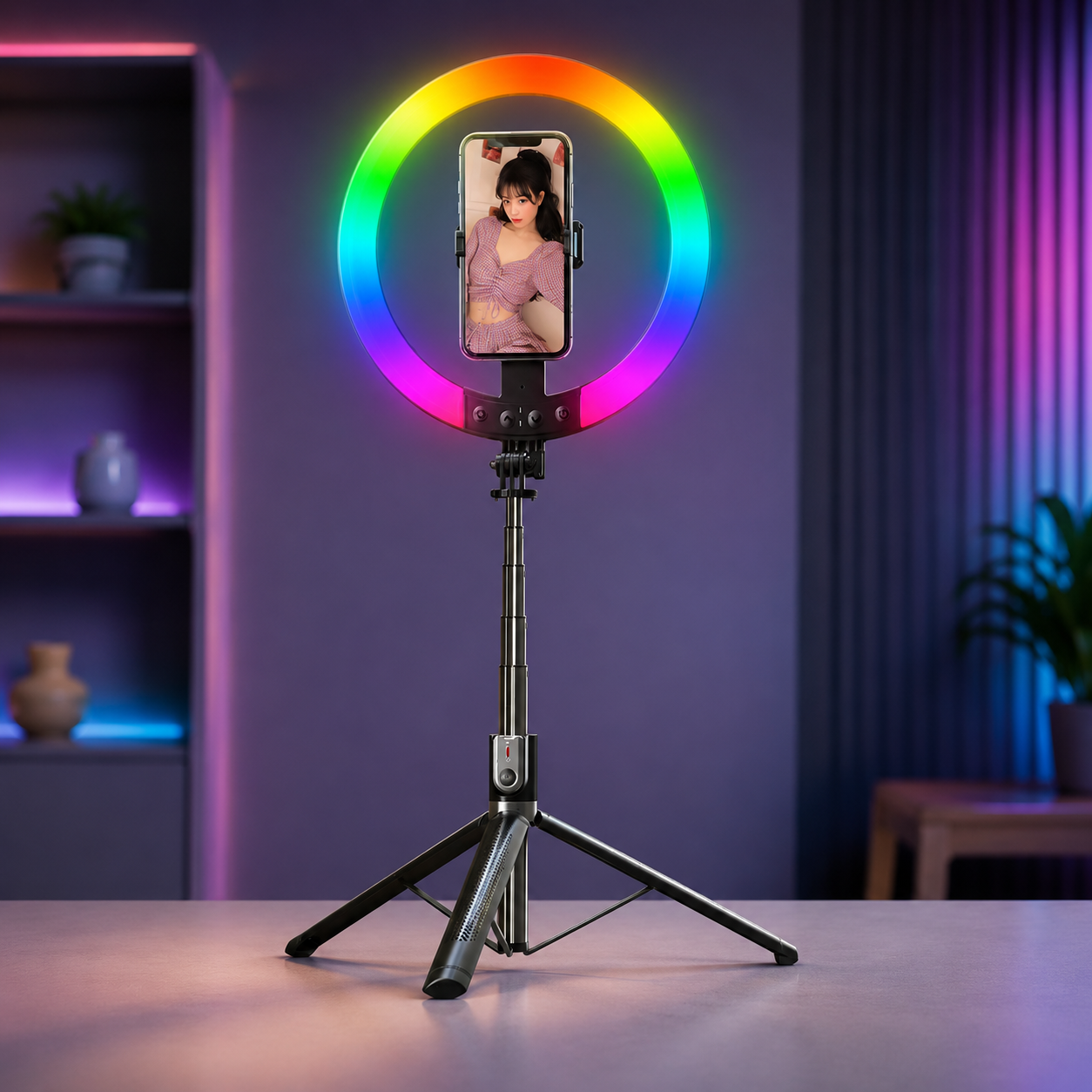 Селфі-палиця з кільцевою RGB LED-лампою та функцією AI-авто-відстеження / Штатив P100 з Bluetooth 5.2 Type-C