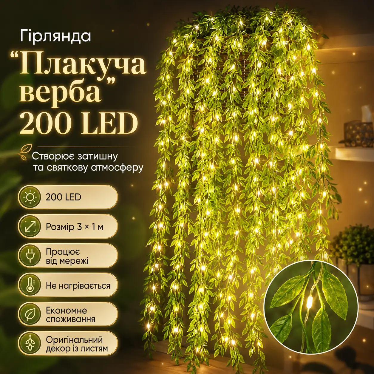Гірлянда 200 Led зелена верба теплий білий SF-56