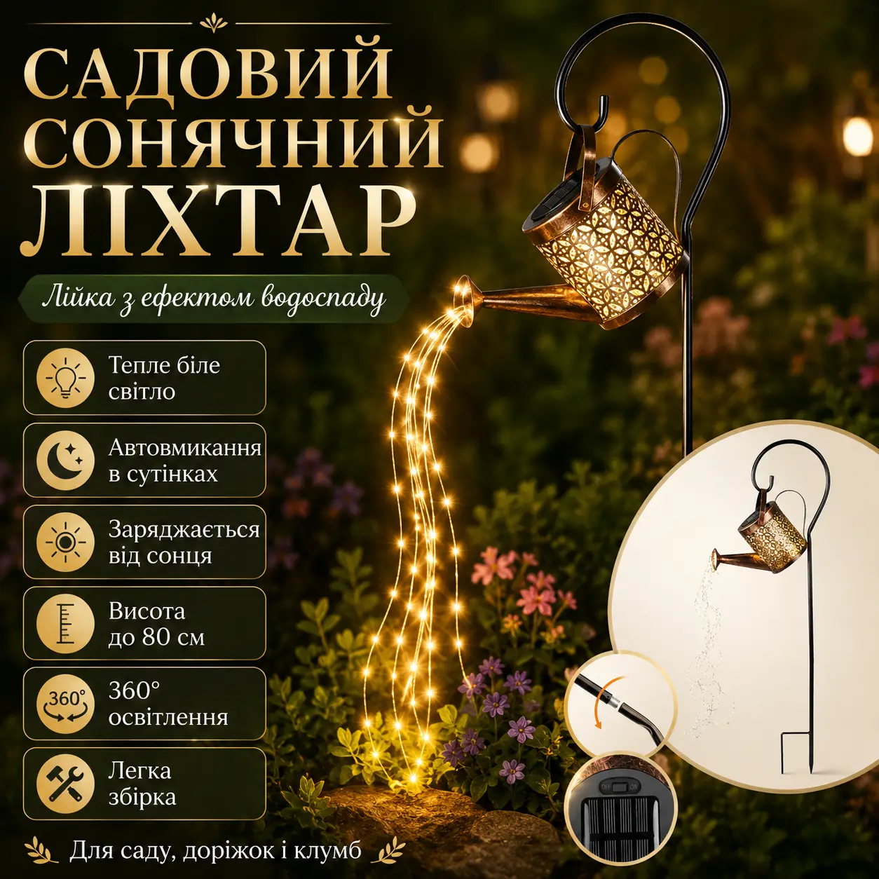 Садовий світильник-лійка, глечик, чайник на сонячній батареї, кована лампа 80 см, світлодіодна.