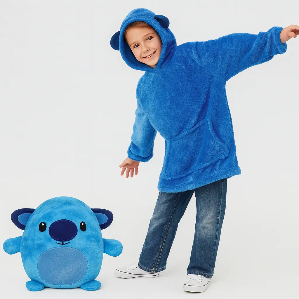 Дитячий плед-толстовка Hugle Hoodie «Морський бриз» (синій) — теплий флісовий плед із рукавами та капюшоном