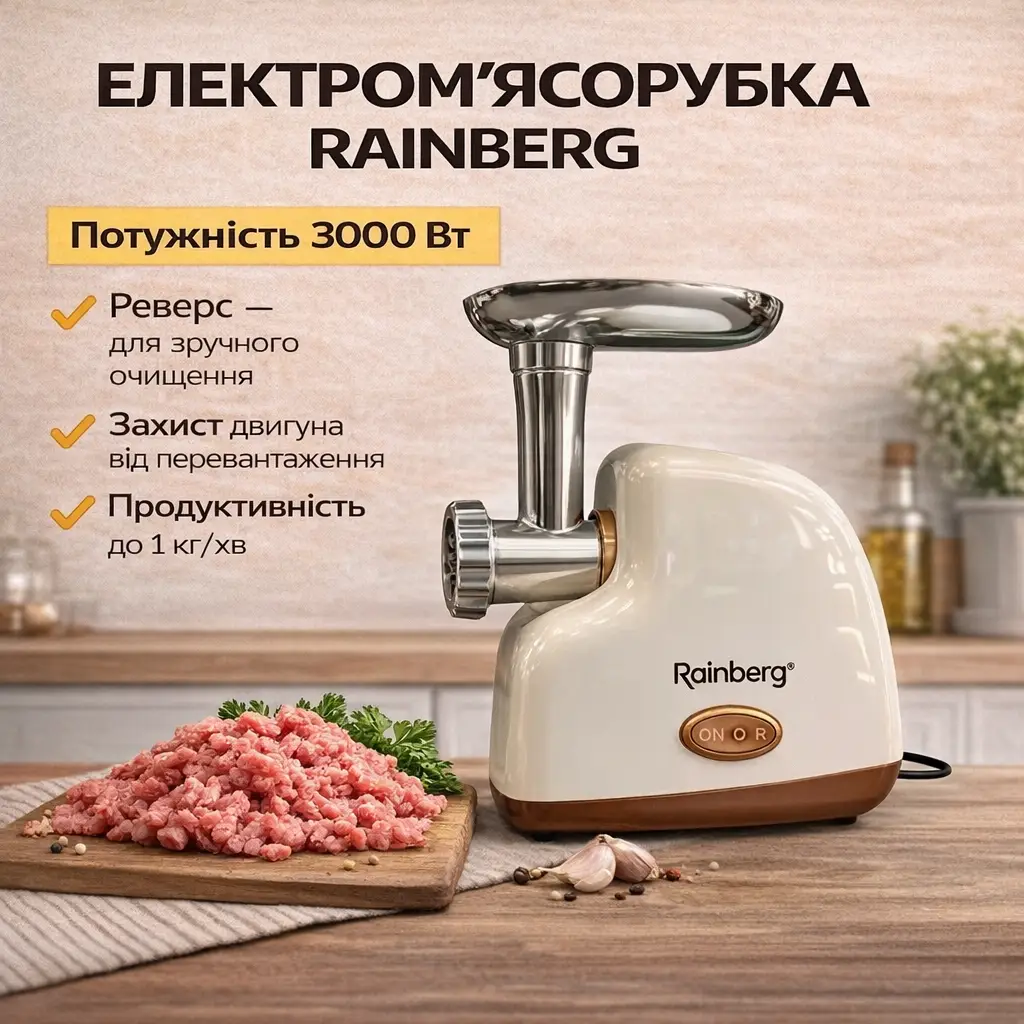 Електрична м'ясорубка Rainberg RB-2319 3000 Вт із захистом двигуна бежева