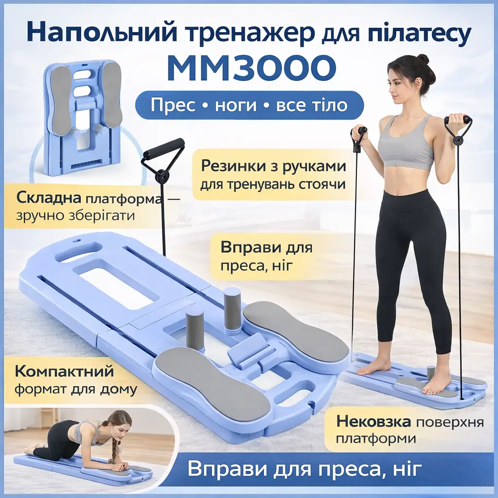 Підлоговий тренажер для пілатесу MM3000 з гумками, складана платформа для преса та ніг, розмір 100×37 см, синій