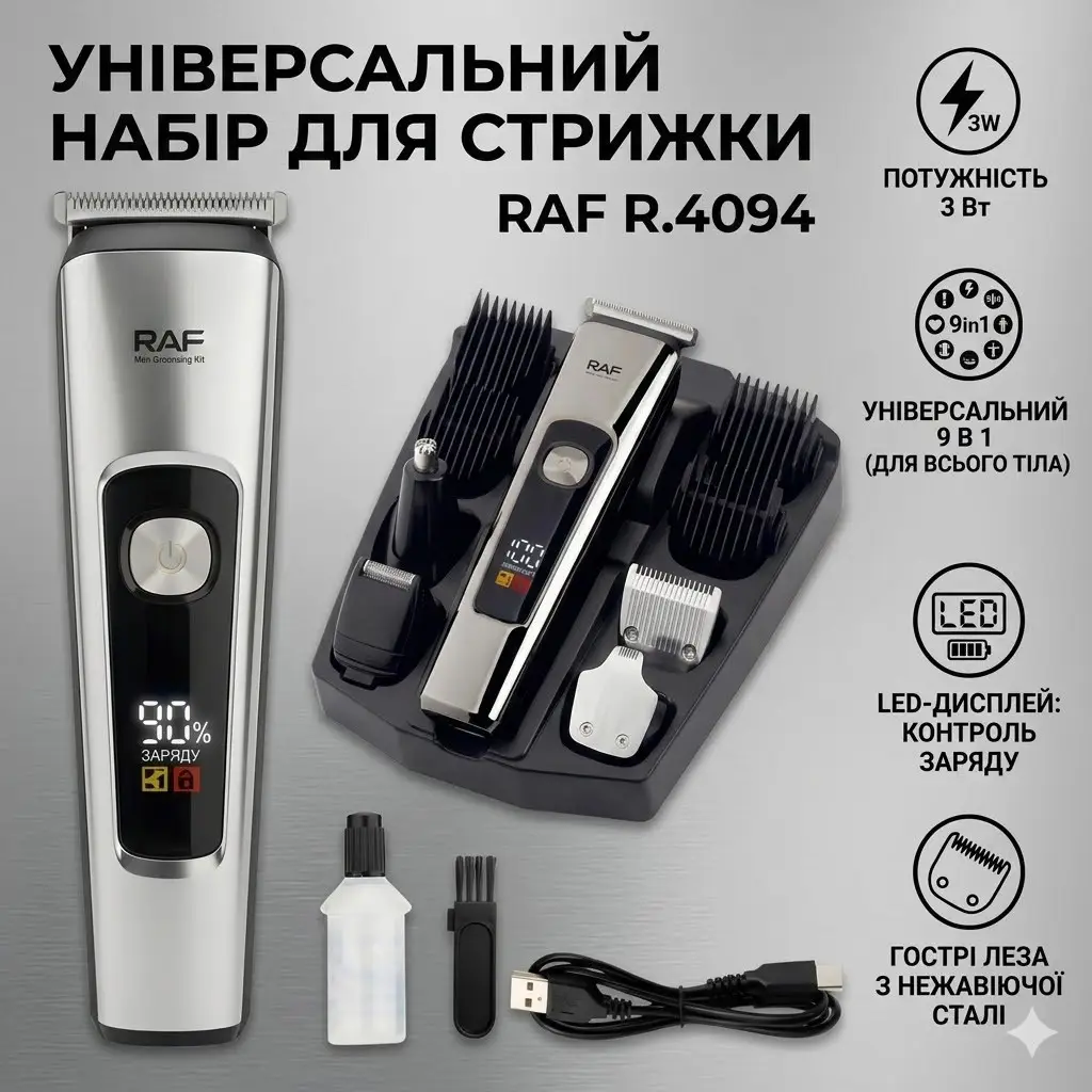 Акумуляторний тример з комплектом змінних головок і цифровим дисплеєм RAF R.4094 3W