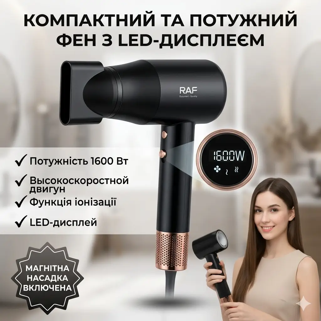 Фен для волосся з трьома температурними режимами та LED-дисплеєм RAF R.407 1600W