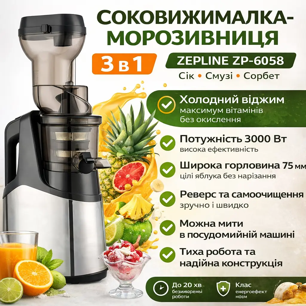 Соковижималка-морозник 3 в 1 Zepline ZP-6058, 3000 Вт — холодний віджим, смузі, сорбет