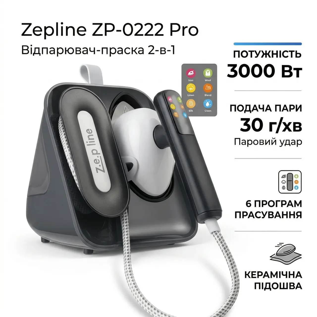 Відпарювач Zepline ZP-00222 Pro Сірий – з функцією самоочищення та сенсорне керування