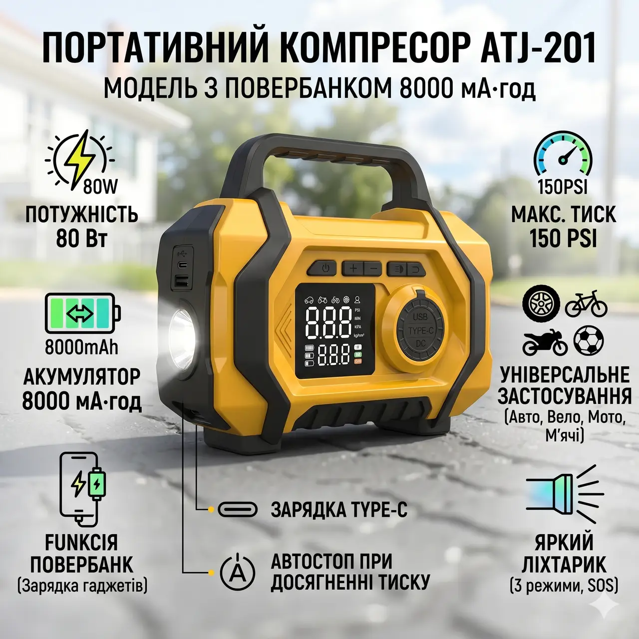 Переносний компресор ATJ-201 з акумулятором 8000 mAh, ліхтариком і набором насадок