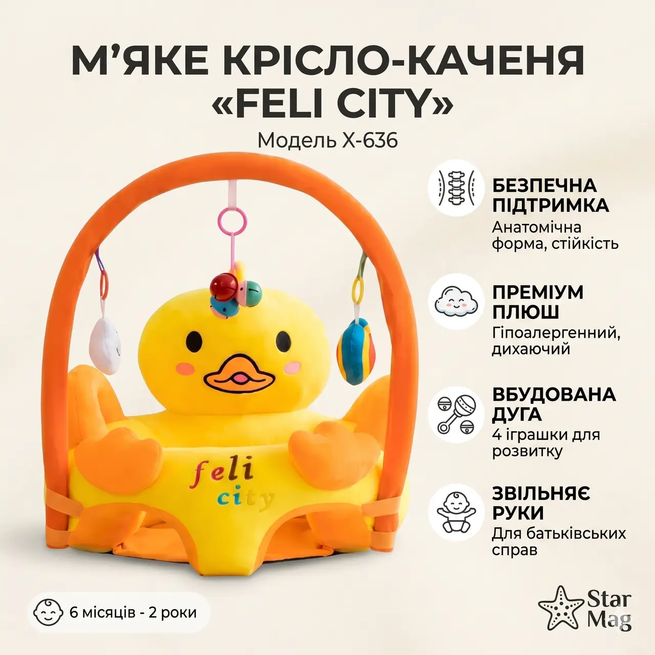 Дитяче плюшеве крісло "Жовте Каченя" X-636, м'яке сидіння для малюків з іграшками