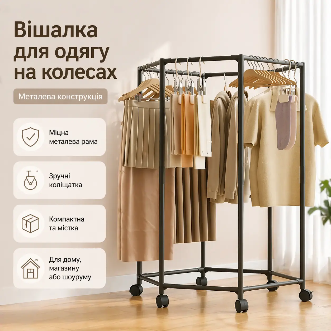 Вішалка для одягу металева на колесах підлогова стійка для речей кругова для дому, магазину та шоуруму 120 см