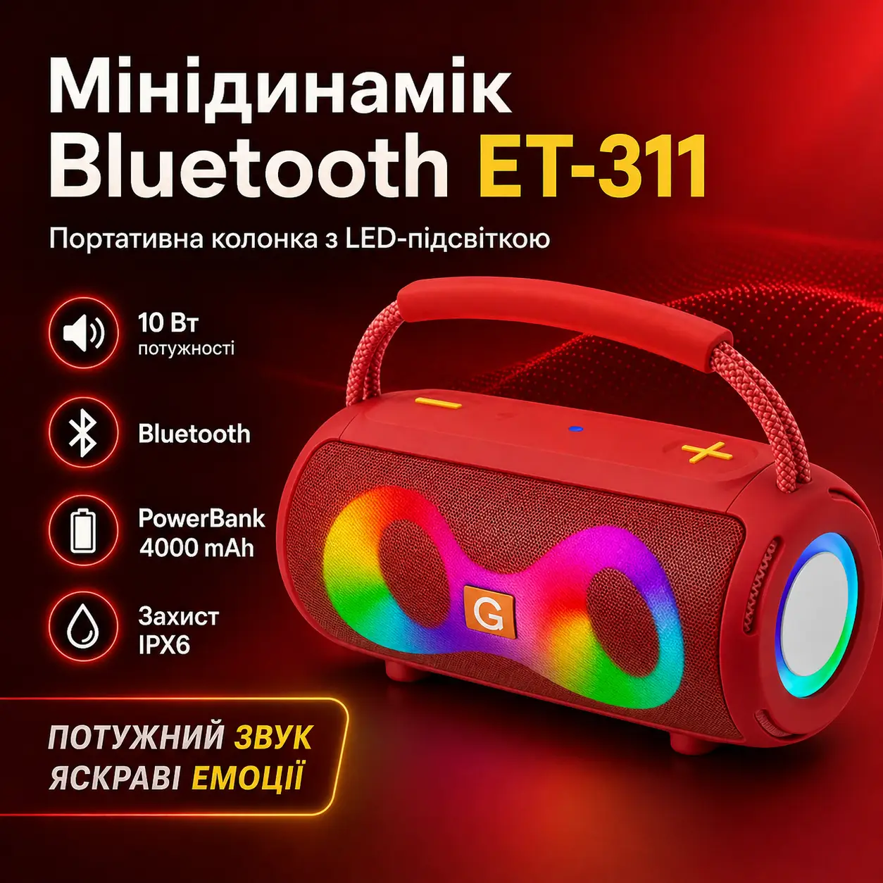 Мінідинамік Bluetooth LED ET-311 з підсвіткою, портативна бездротова колонка