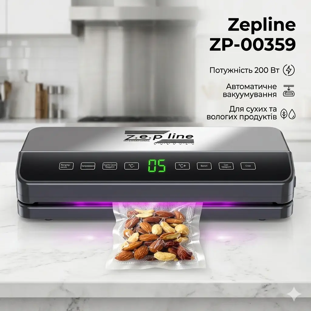 Вакуумний пакувальник для харчових продуктів 200Вт Zepline ZP-00359 Побутовий автоматичний вакууматор з LED дисплеєм + 20 пакетів