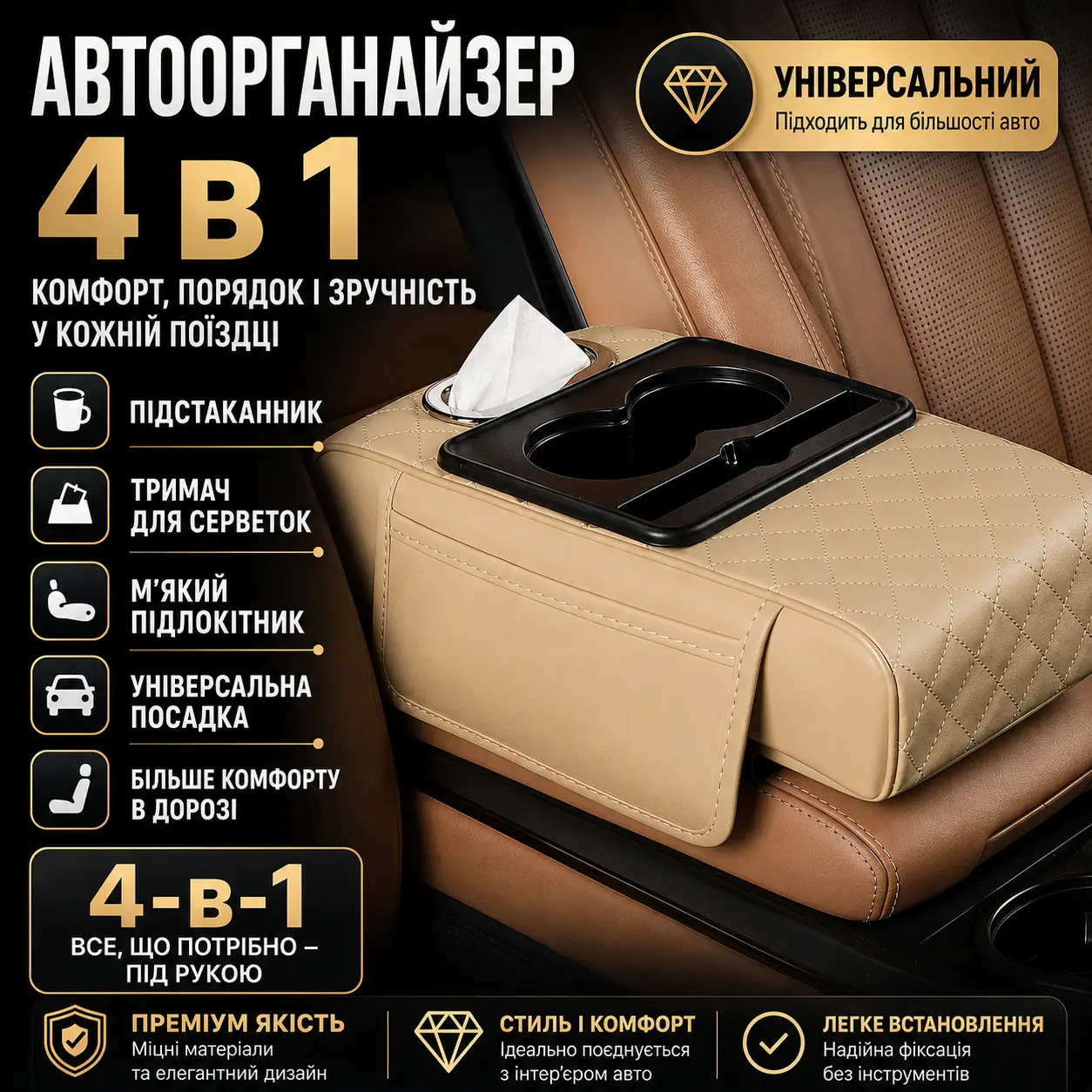 Багатофункціональний органайзер для автомобіля 4-в-1: підставка для серветок, потовщена накладка для центрального підлокітника