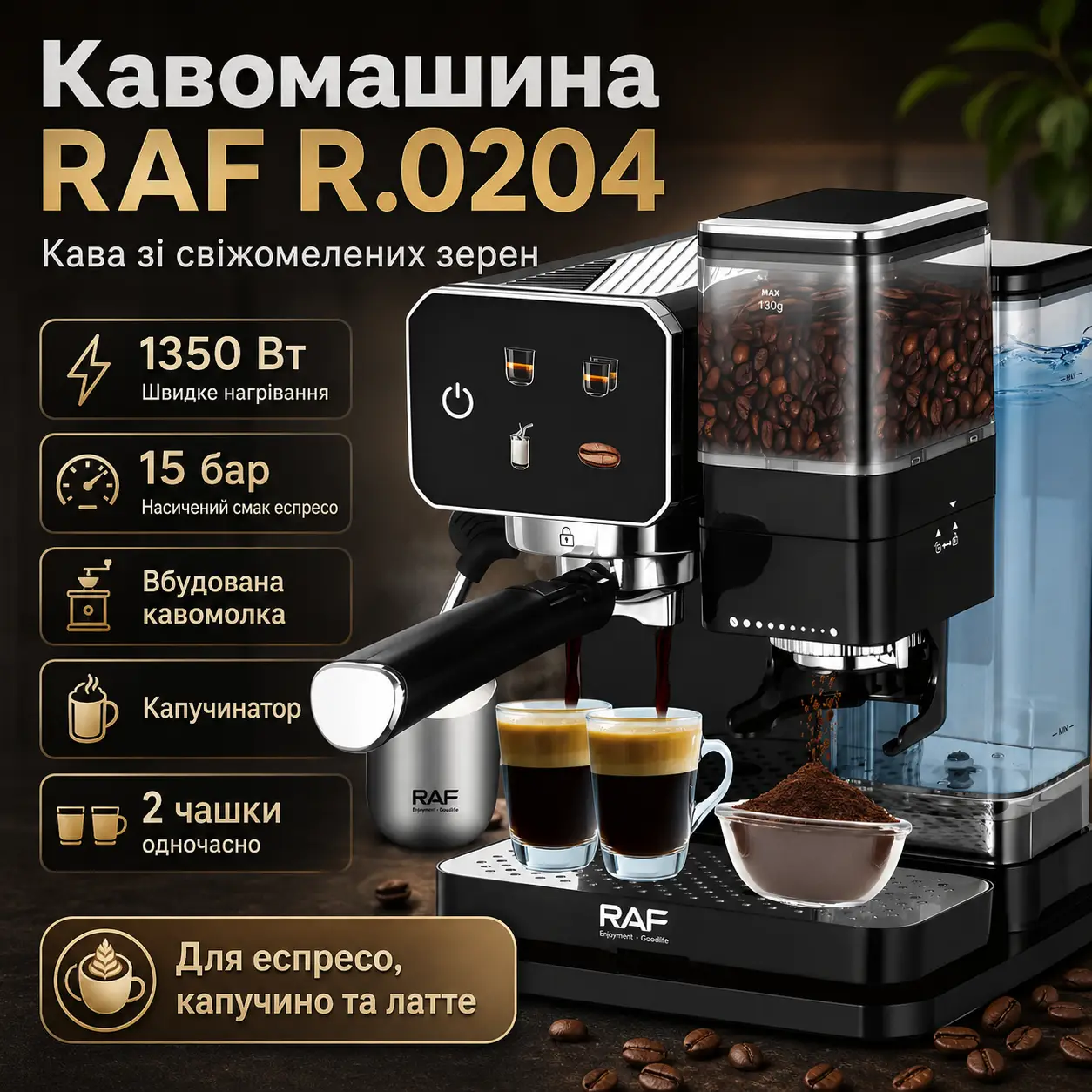 Кавомашина з подвійним заварюванням, кавомолкою та капучинатором RAF 0204