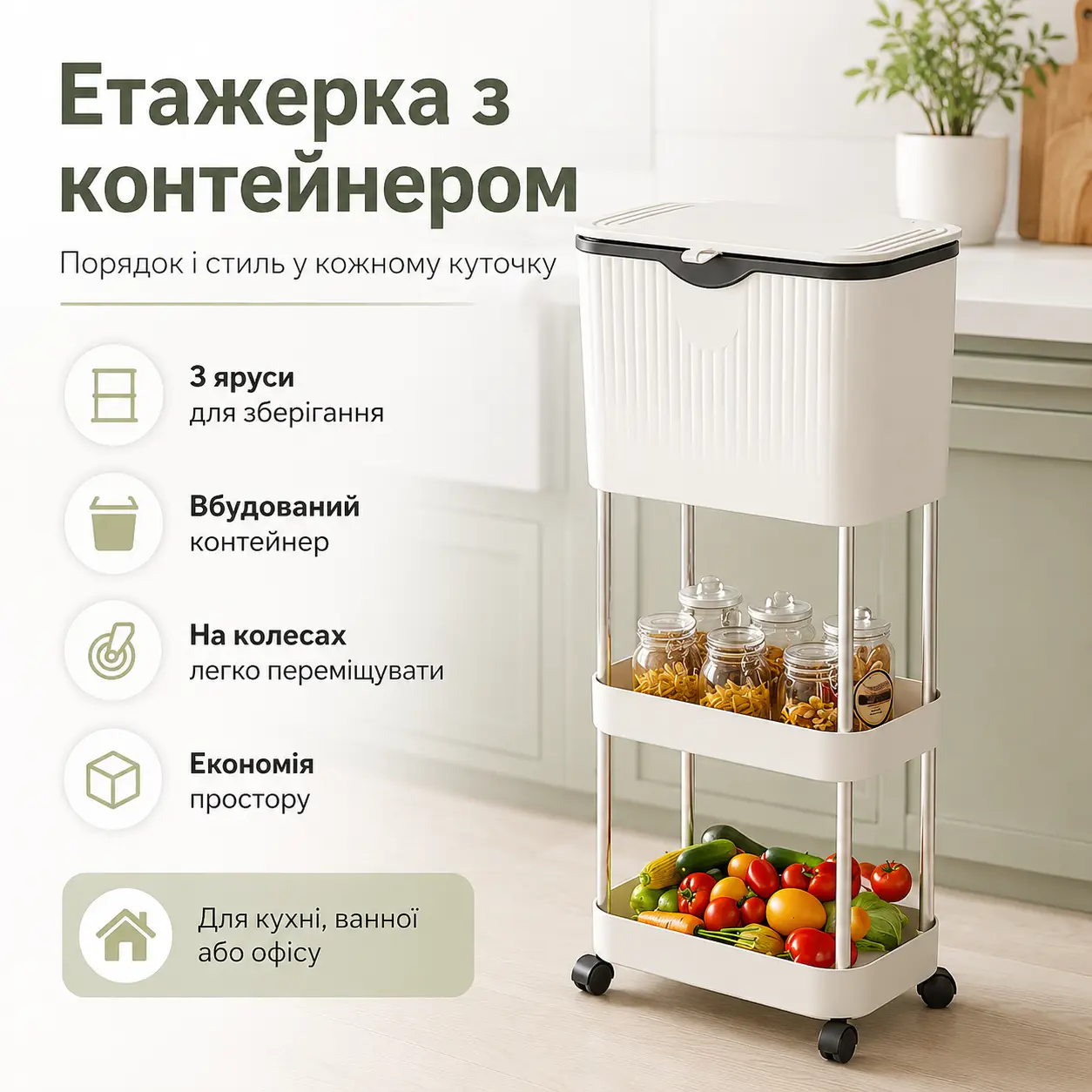 Кухонний Органайзер-Урна 78,5х29х20см, Білий / Пересувний стелаж на колесах / Етажерка для кухні