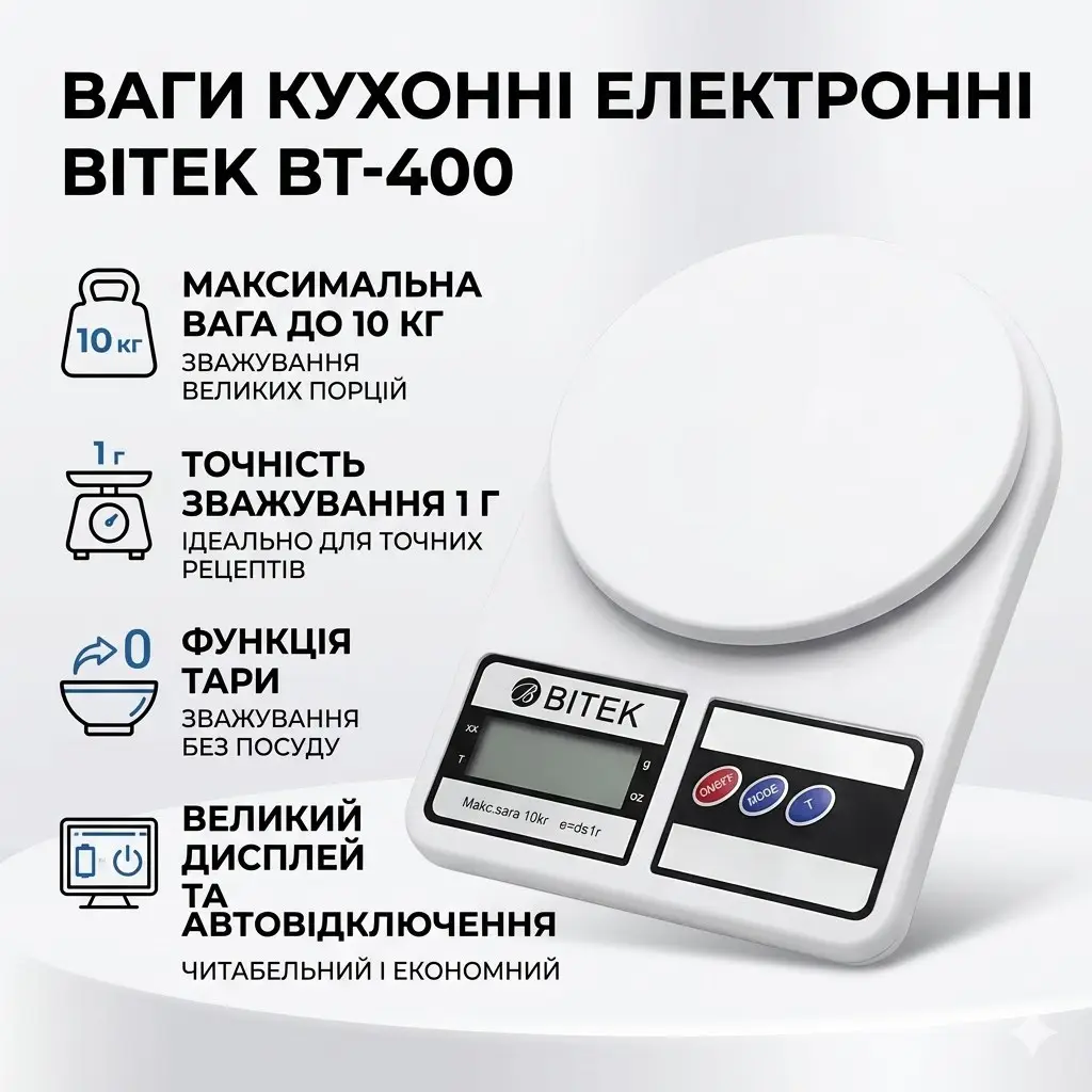 Ваги кухонні електронні з платформою до 10 кг від 1г BITEK BT-400 Білі