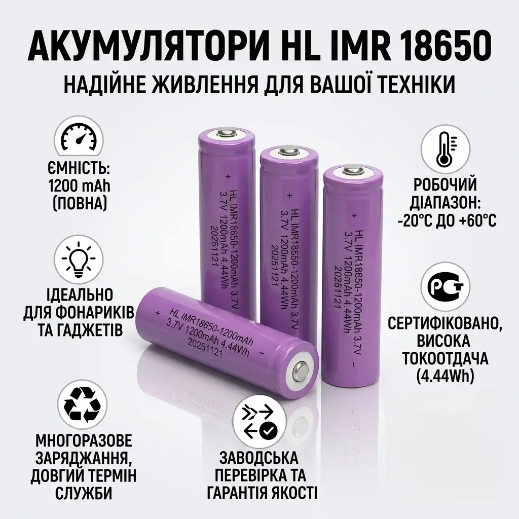 Акумулятор 18650 Li-ion IMR HL 1200 mAh 3.7V літій-іонний перезаряджуваний для ліхтариків і електроніки