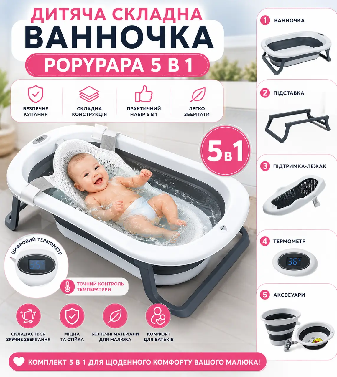 Дитячий набір для купання PopyPapa Baby 5-в-1 |  Складана дитяча ванночка зі стійкою | Сидіння для купання новонароджених