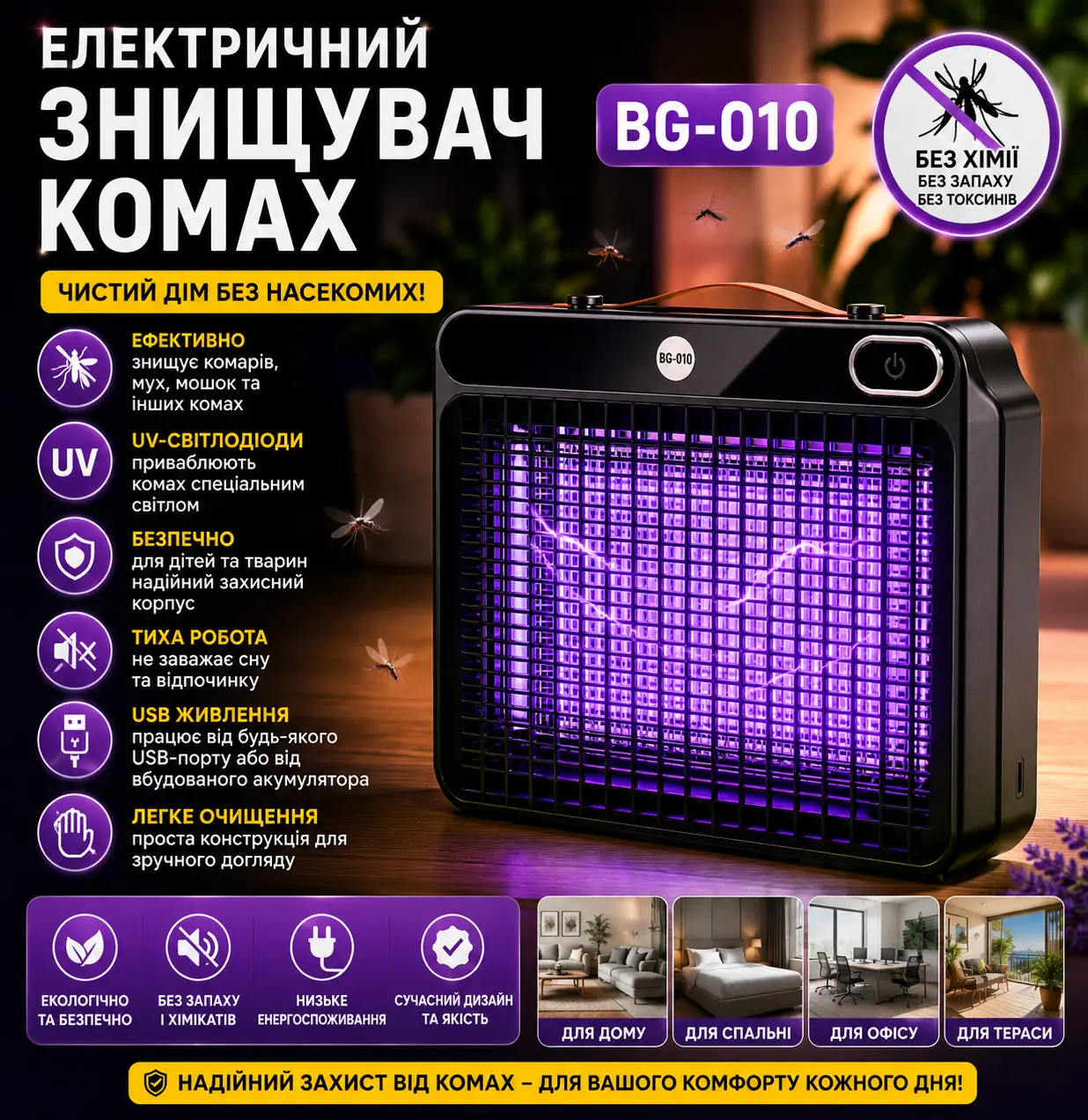 Електричний відлякувач комах Mosquito Killing Lamp BG-010 / УФ-лампа від комарів 360° USB / Настінний знищувач комах