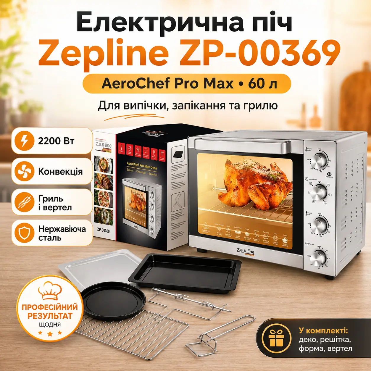 Електрична духовка Zepline ZP-00369 60 л, 2200 Вт, з конвекцією та грилем, настільна електропіч із неіржавіючої сталі