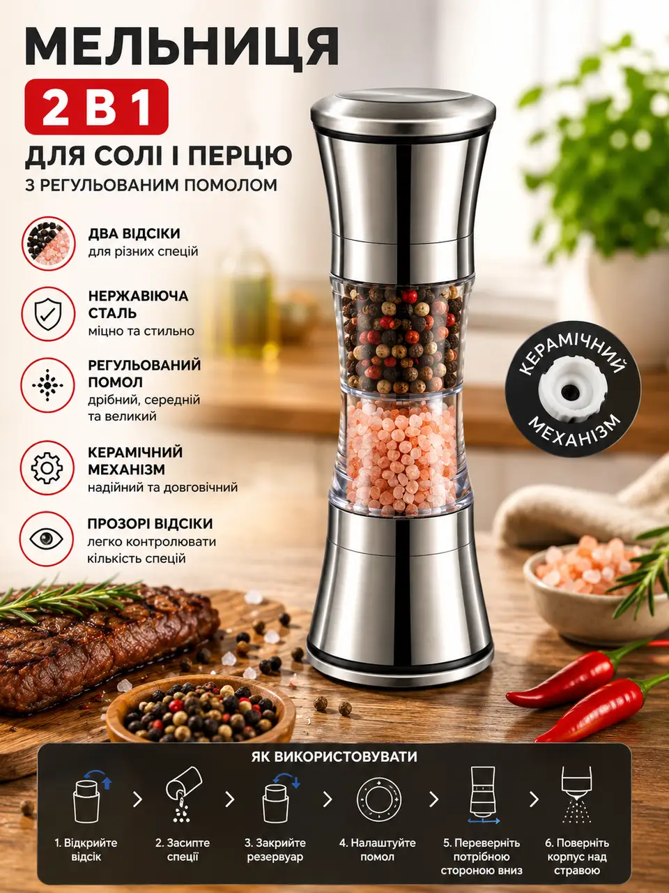 Млин для солі та перцю 2в1 з неіржавкої сталі / Подрібнювач для спецій із регульованим помелом