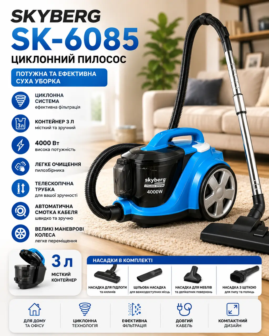 Пилосос Skyberg SK-6085/Пилосос безмішковий 4000 Вт/Пилосос контейнер 3 л
