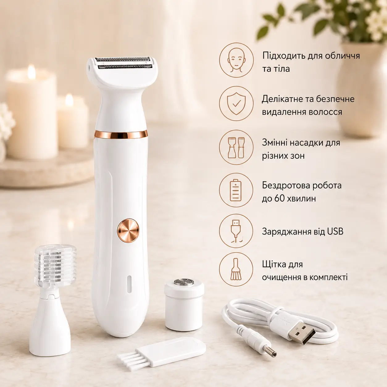 Епілятор hair clipper AN XL-1961 / Жіночий акумуляторний епілятор зі змінними насадками