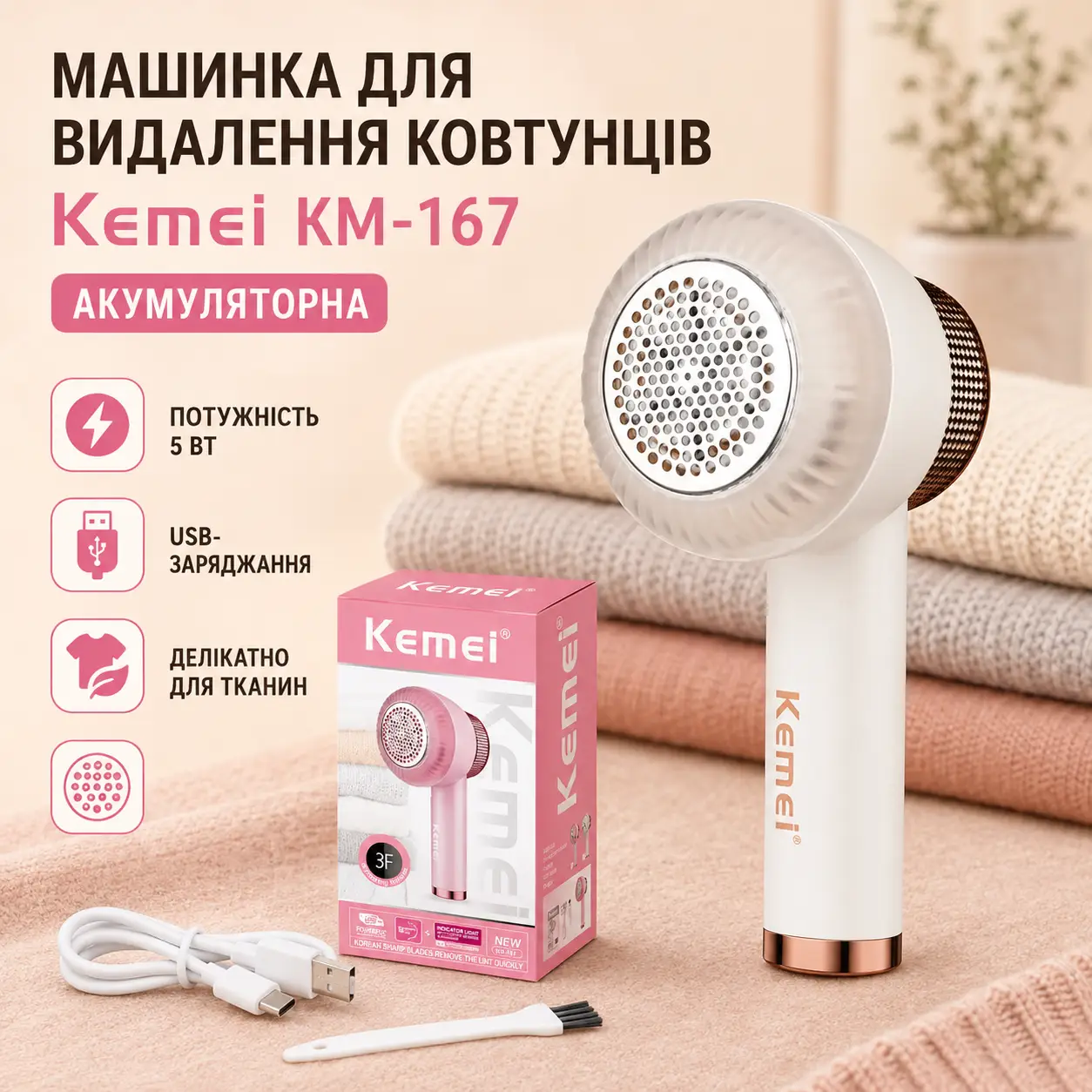 Акумуляторна машинка для видалення ковтунців, 5 Вт, Kemei KM-167, бежева/Теммер для зрізання ковтунців