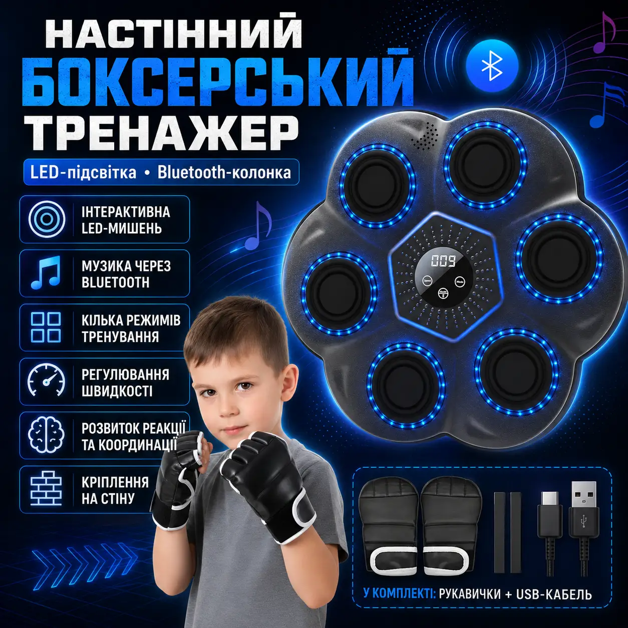 Настінний боксерський тренажер з LED-підсвіткою, LY-1083 Bluetooth-колонкою та режимами тренування