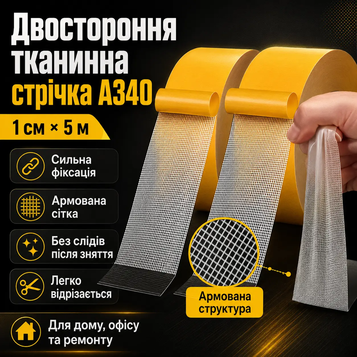 Самоклейна тканинна двостороння стрічка 1 см*5 м A340
