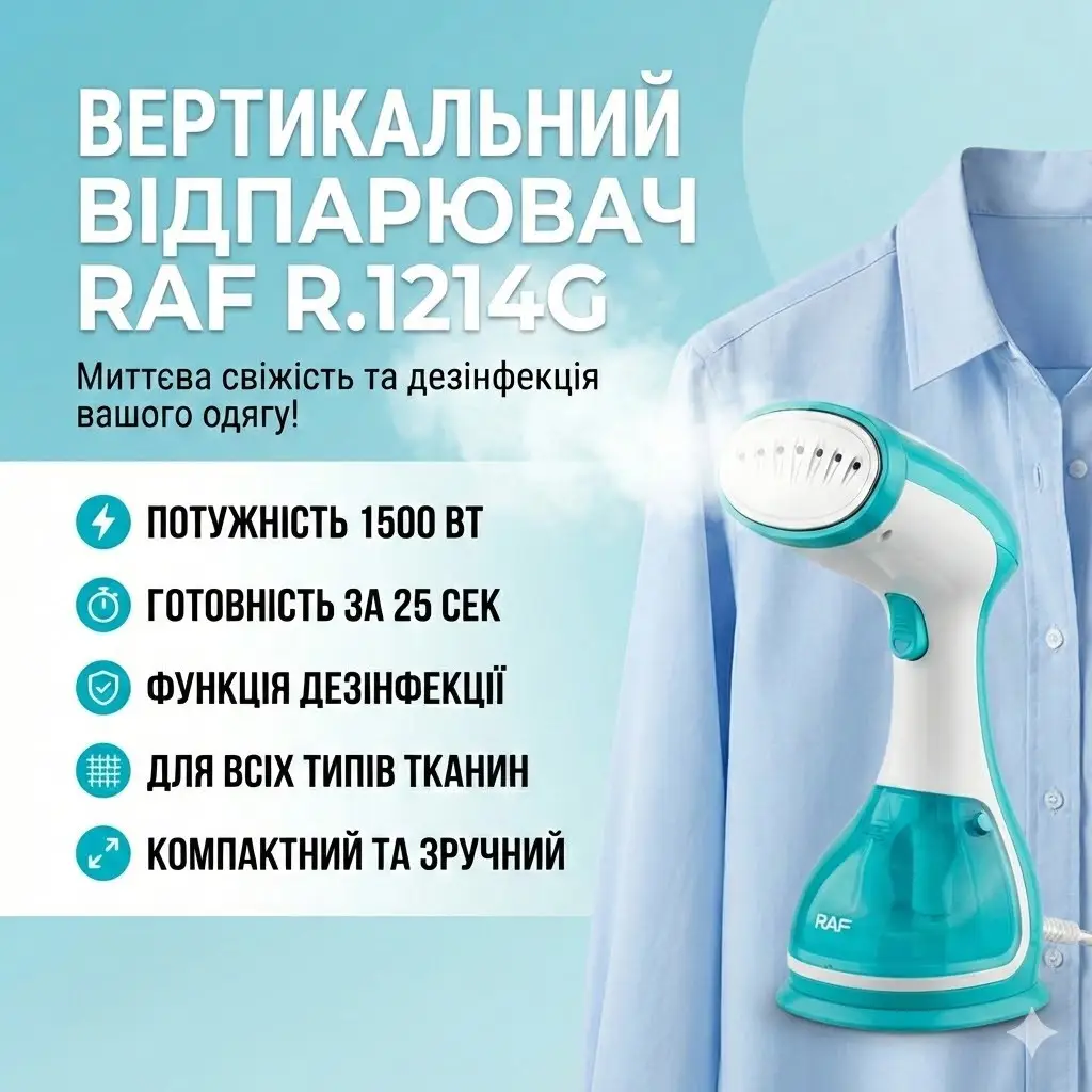 Вертикальний ручний відпарювач RAF R.1214G з функцією дезінфекції, Парогенератор, Електровідпарювач