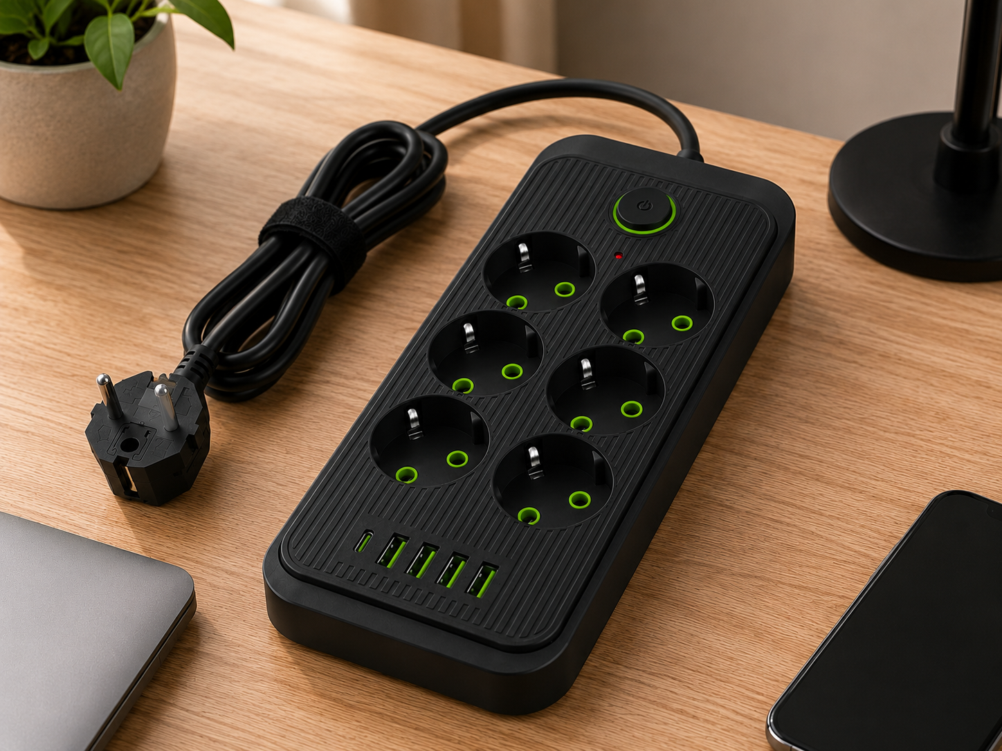 Мережевий фільтр (подовжувач) / Power — Socket F06U 6 розеток 4 USB + Type-C чорний 26X-211 / Мережевий подовжувач розеток