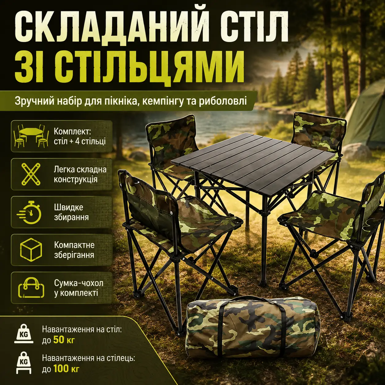 Складаний стіл для пікніка 53х53х50см + 4 стільці, Камуфляж / Стіл і стільці для пікніка / Туристичний столик розкладний
