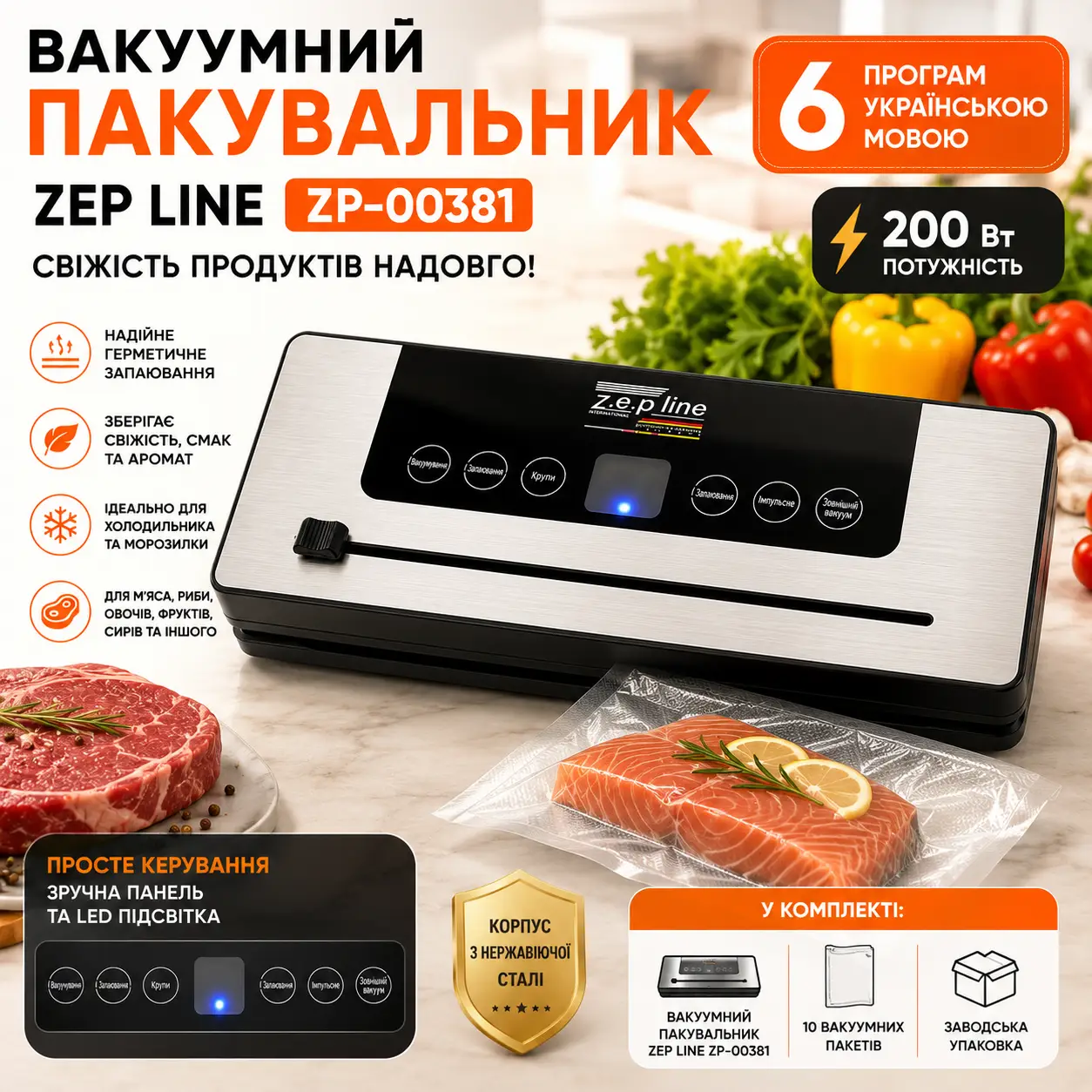 Вакуумний пакувальник Zepline ZP-00381 200 Вт із 6 програмами та LED-підсвіткою