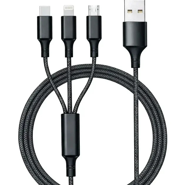 Кабель 3 в 1 26X-202 USB-A 1,2 м чорний • Зарядний кабель 26X-202 Type-C Lightning Micro USB до 6A для швидкого заряджання та передавання даних