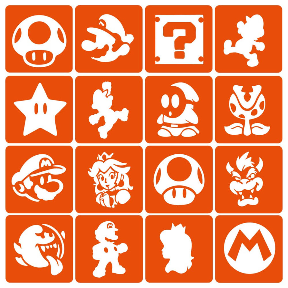 Набір трафаретів для біо-тату "Super Mario" (super-mario-simple-16) 16 шт, 6х6 см