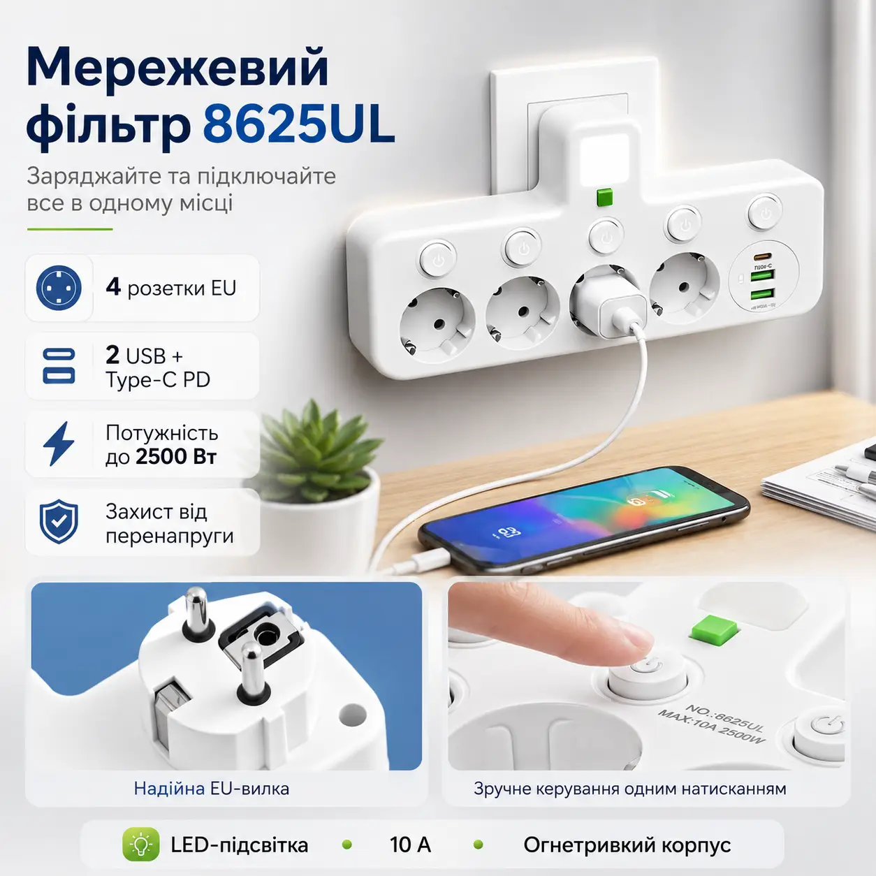 Мережевий фільтр-розгалужувач 2500W, 4х220V, 2xUSB, 1хType-C, 8625UL, Білий/Настінний трійник із підсвіткою
