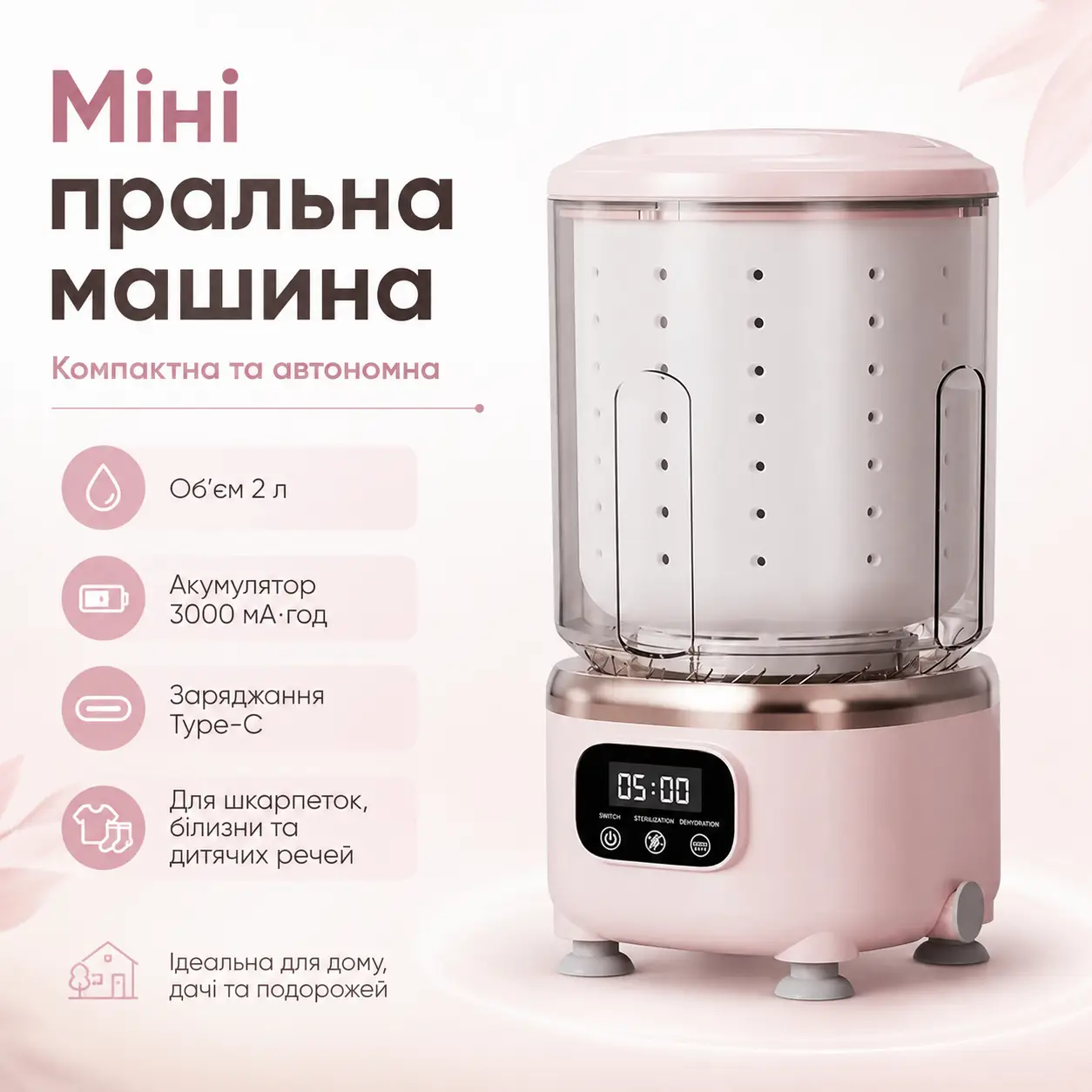 Міні пральна машина 2 л, на акумуляторі ND 366, 3000 мАг, Type-C, Рожева / Портативна пральна машинка / Компактна пральна машина