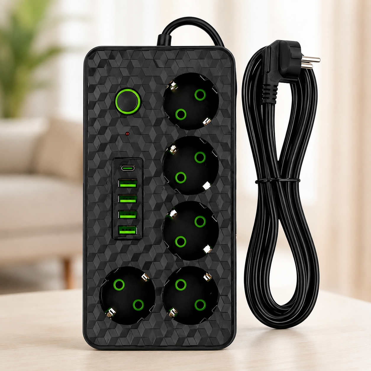 Мережевий фільтр на 5 розеток HG-2505 / Подовжувач на 3м 4×USB+Type-C чорний / Фільтр мережевий 2500Вт
