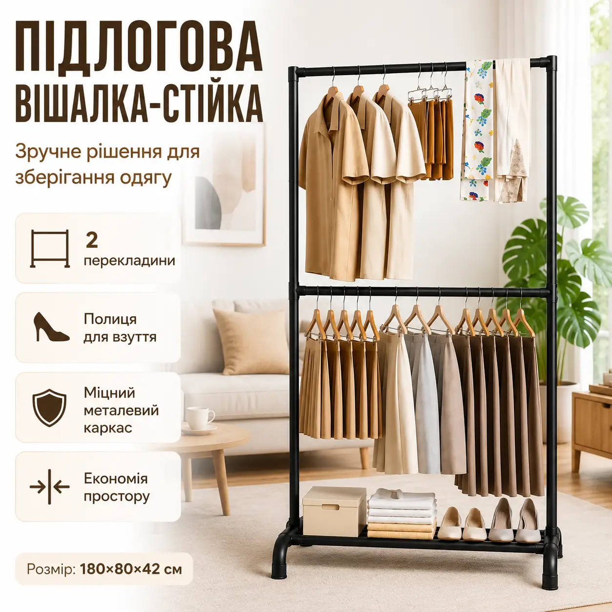 Підлогова вішалка для одягу 180×80×42 см, Чорний/стійка для одягу/Вішалка-стійка для одягу