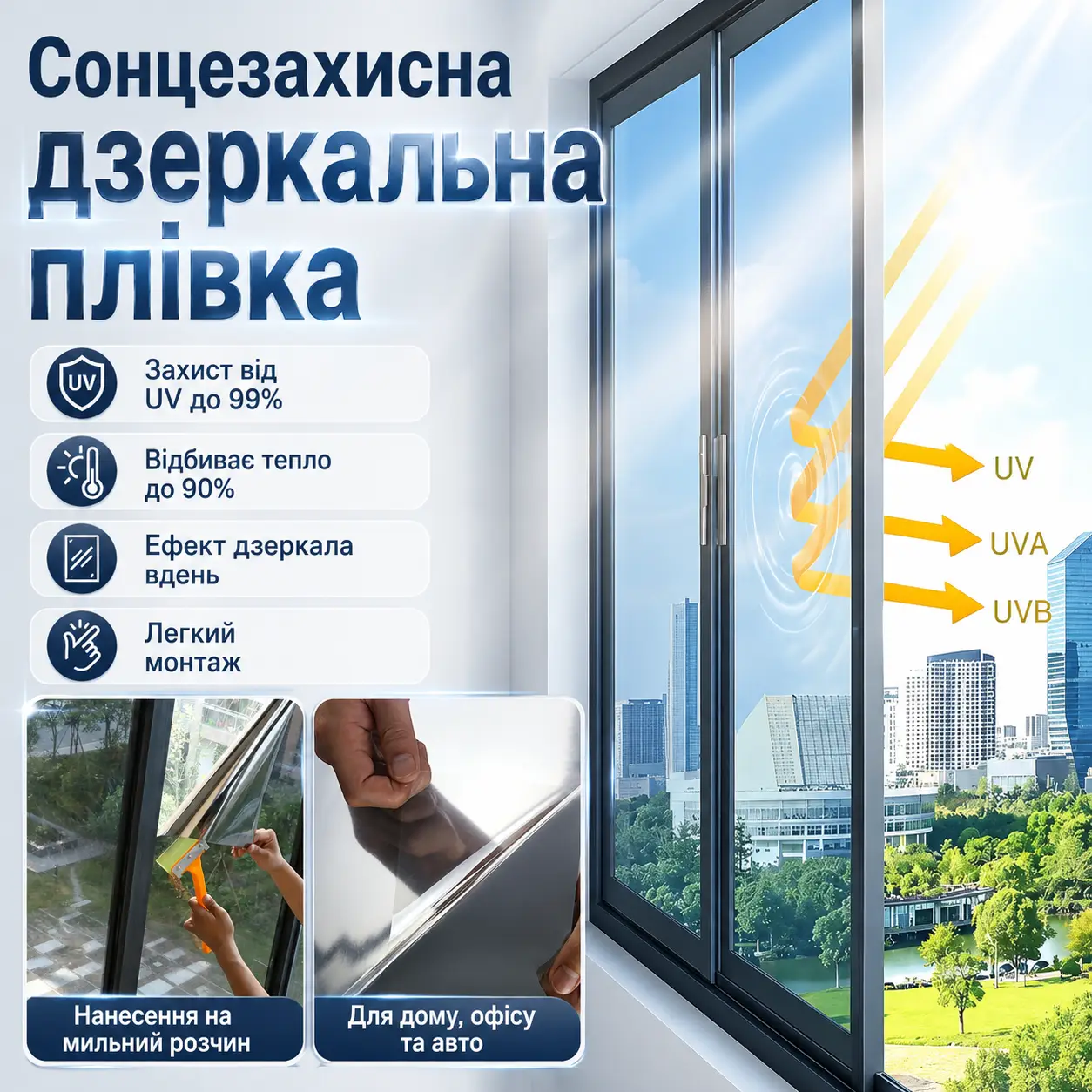 Сонцезахисна плівка для тонування вікон 3 м (ширина 90 см), Сріблястий/Дзеркальна плівка від сонця/Фольга на вікна