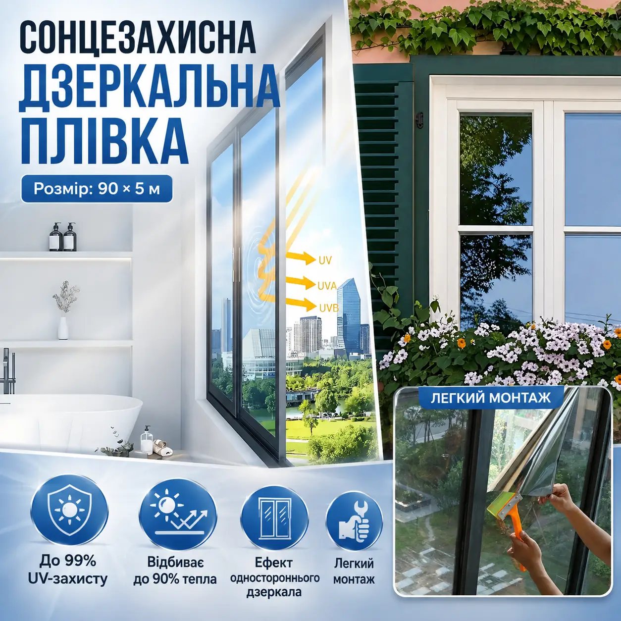 Дзеркальна сонцезахисна плівка на вікна 90 см × 5 м, срібляста тонувальна плівка з UV-захистом