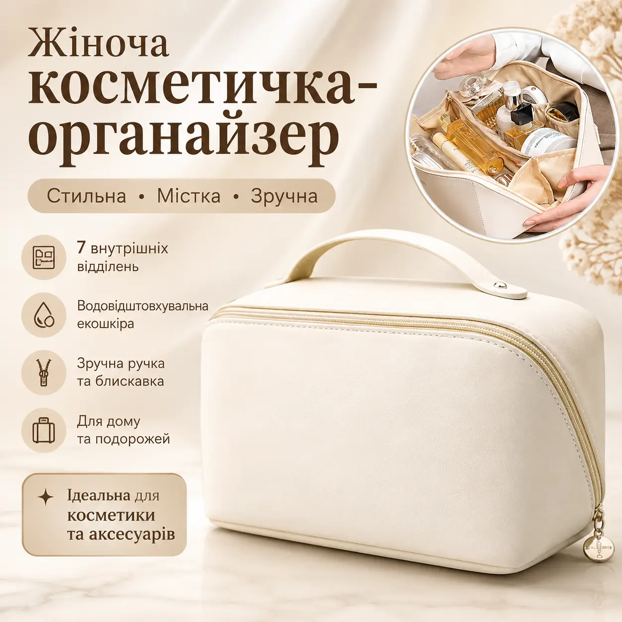 Біла жіноча косметичка AND XL-1010 для подорожей, місткий органайзер з екошкіри на блискавці із 7 відділеннями